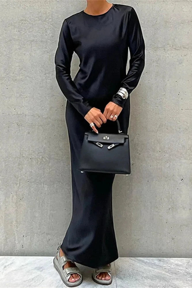 Hollow Out High Waist Slim Long Sleeve Zipper Maxi Dress
