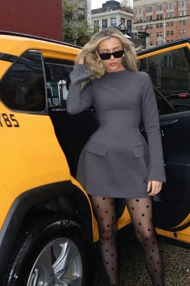 Patchwork Long Sleeve High Waist Mini Dress