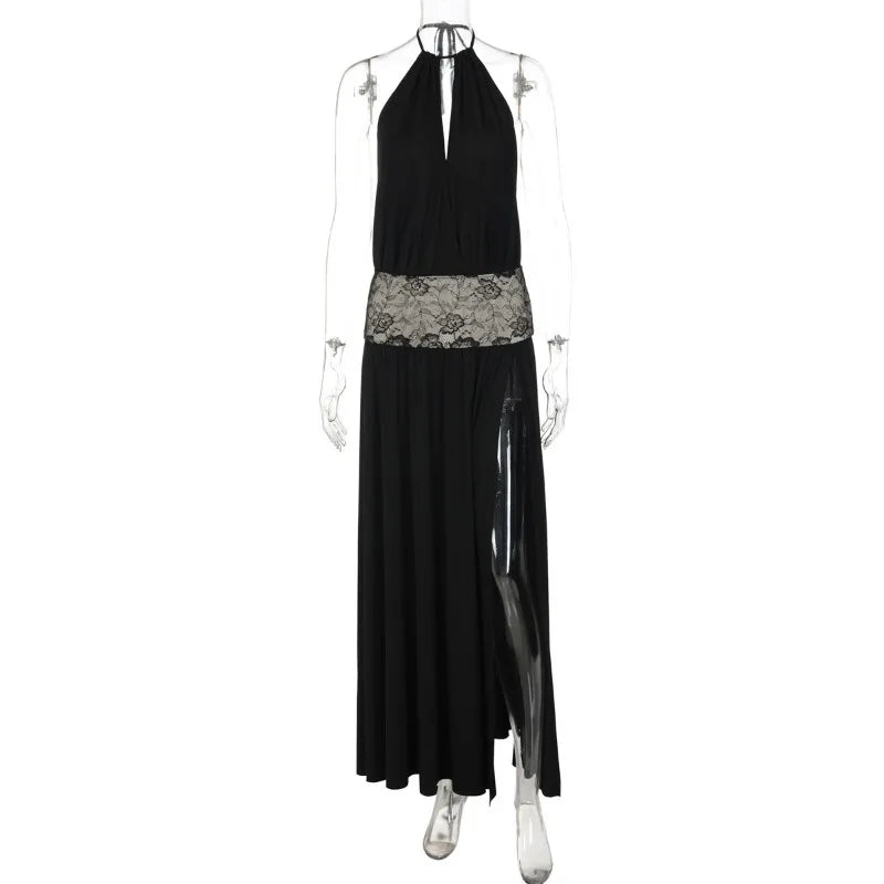 Patchwork Hollow Out Lace Up Maxi Dress
