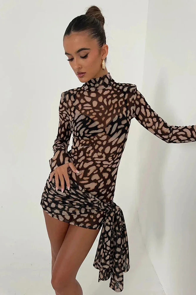 Leopard Print Turtleneck High Waist Mini Dress