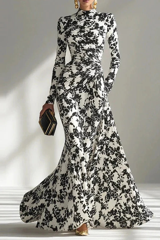 Long Sleeve Slim Pleated High Waist Printed Maxi Dress