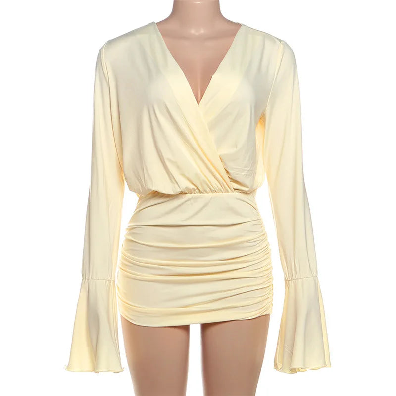 High Waisted V-Neck Pleated Long Sleeved Mini Dress