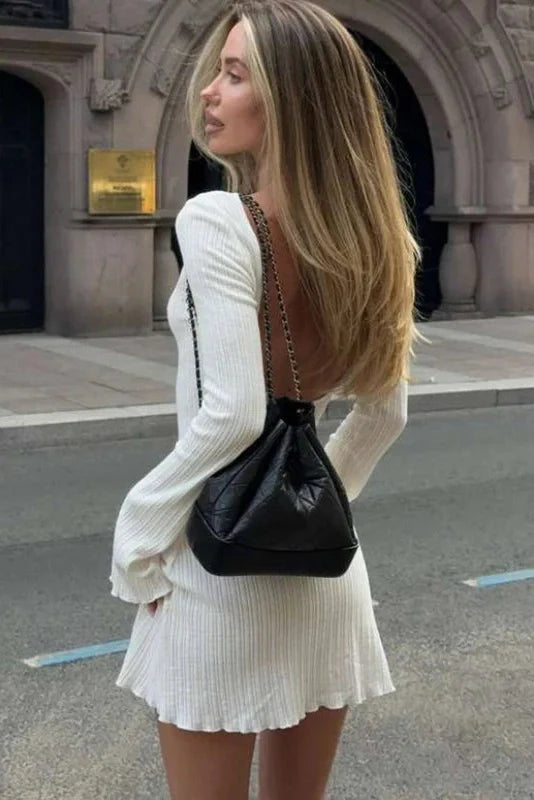 Elegant Backless Round Neck High Waist Long Sleeve Mini Dress