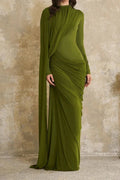 Long Sleeve High Waist Slim Pleated Maxi Dress