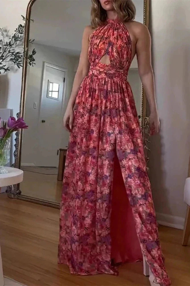Hollow Out Sleeveless High Waist Pleated Printed Maxi Dress