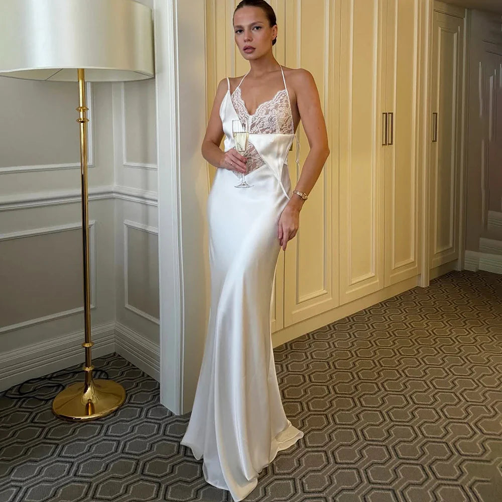 V-Neck Lace Hollow Out Backless Strapless Maxi Dress