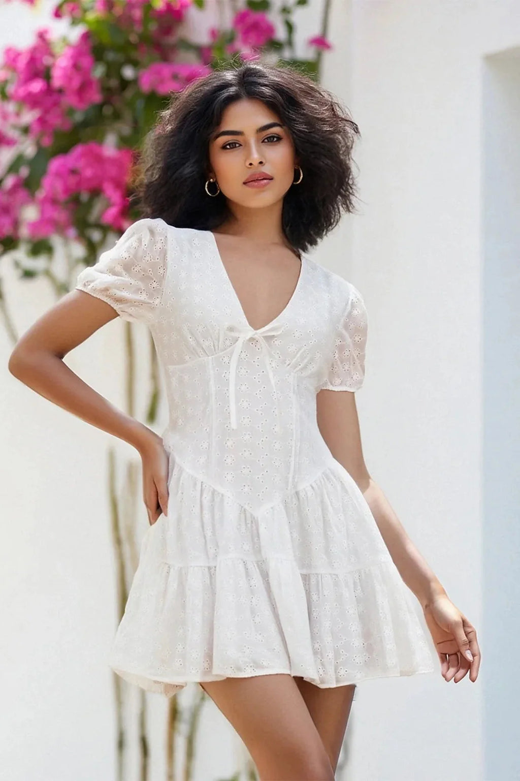 Short Sleeve V Neck A-Line Mini Dress