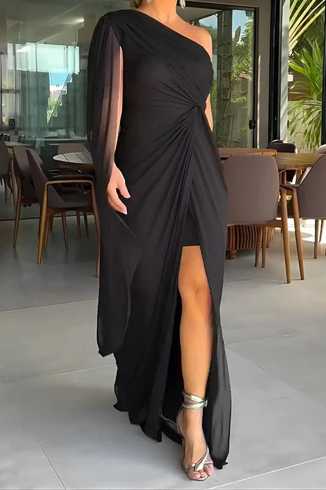 Elegant Slash Collar High Split Maxi Dress
