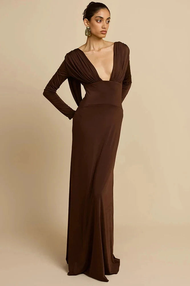 Deep V Neck Backless Long Sleeve High Waist Maxi Dress
