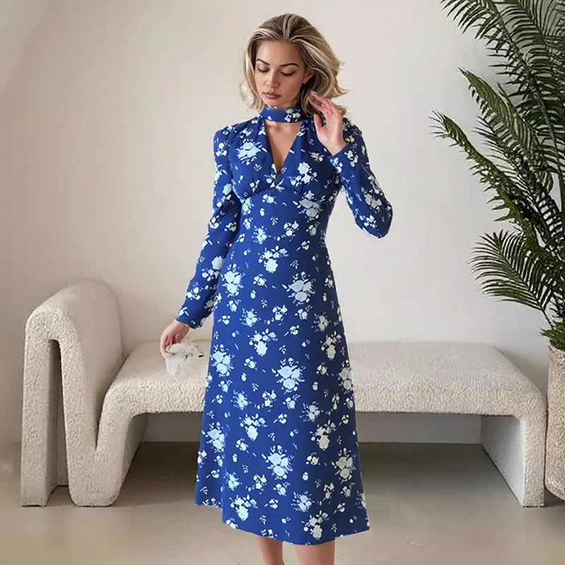 V Neck Printed Long Sleeve High Waist Maxi Dress