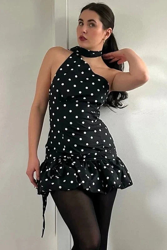 Elegant Scarf Polka Dot Backless Mini Dress