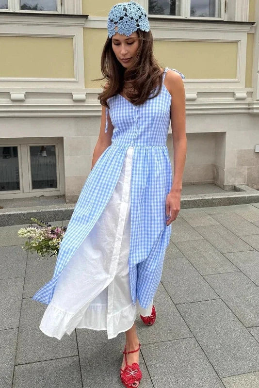 Elegant Plaid Patchwork Two-Piece Single-Breasted Midi Dress