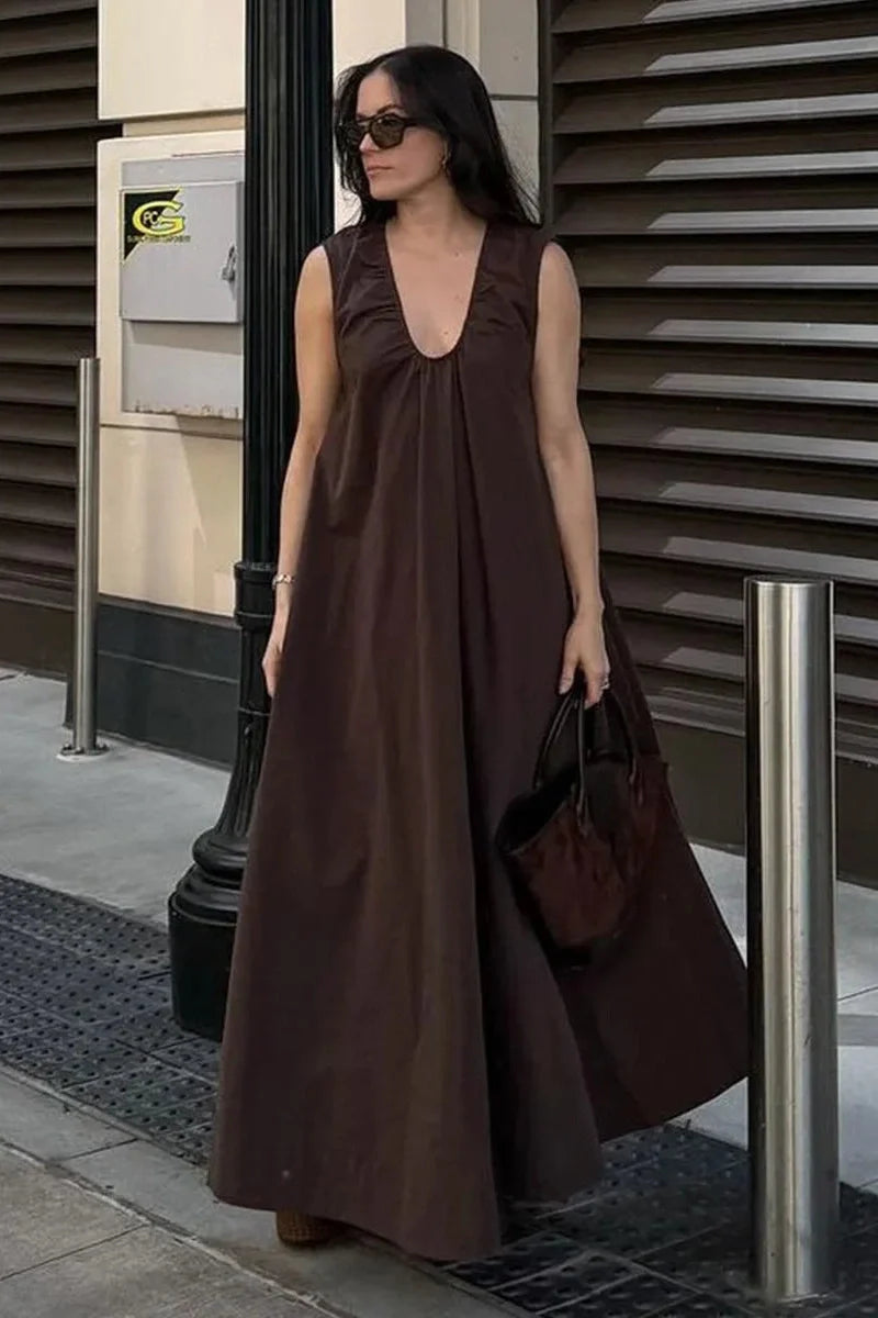 Sleeveless Cotton U-Neck Loose Maxi Dress