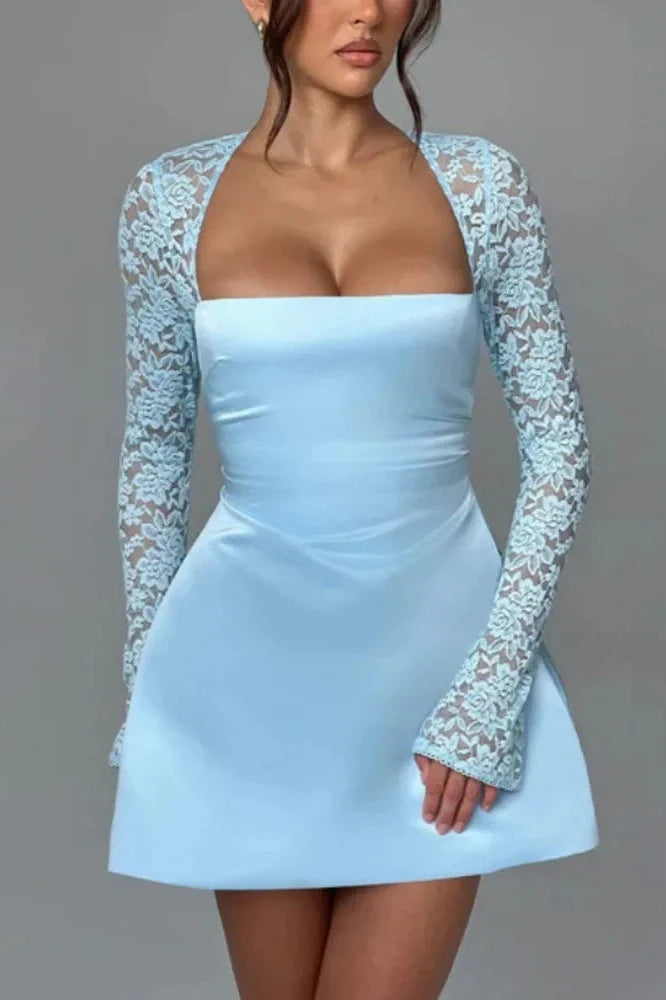 Lace Long Sleeve Square Collar Backless A-line Mini Dress