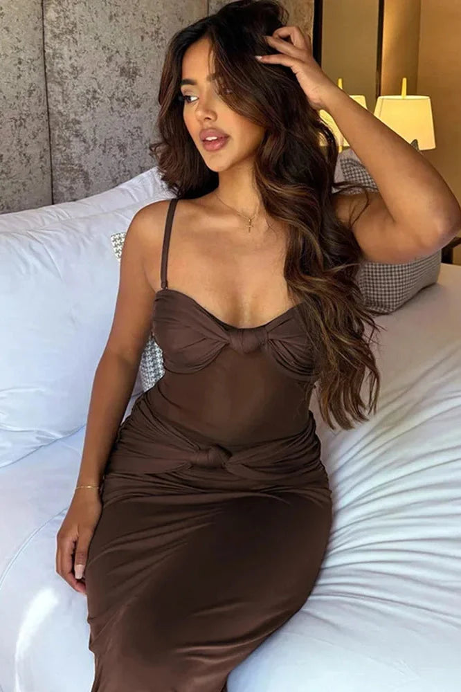 Elegant Spaghetti Strap Backless See-Through Maxi Dress