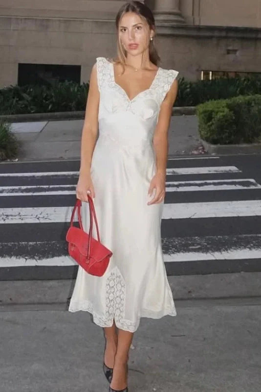 Elegant Lace Slit Loose Pleated Backless Sleeveless Midi Dress