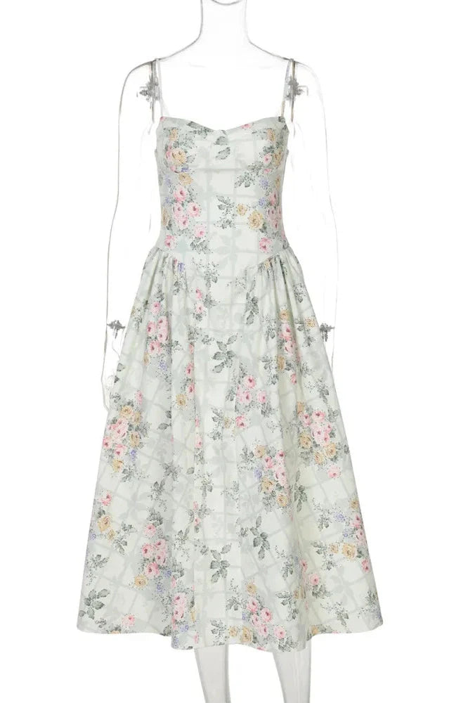 Spaghetti Strap Printed Sleeveless A-Line High Waist Pleated Midi Dress