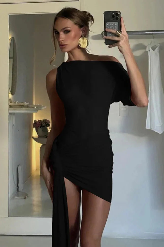 Oblique Shoulder Backless Irregular Sleeveless Mini Dress