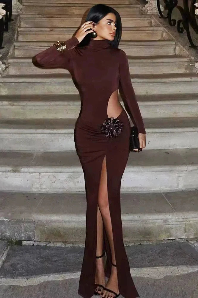 Turtleneck Long Sleeve Hollow Out Bodycon Maxi Dress