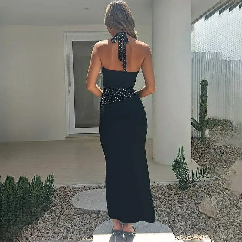 Polka Printed Lace-Up V-Neck Patchwork Maxi Dress