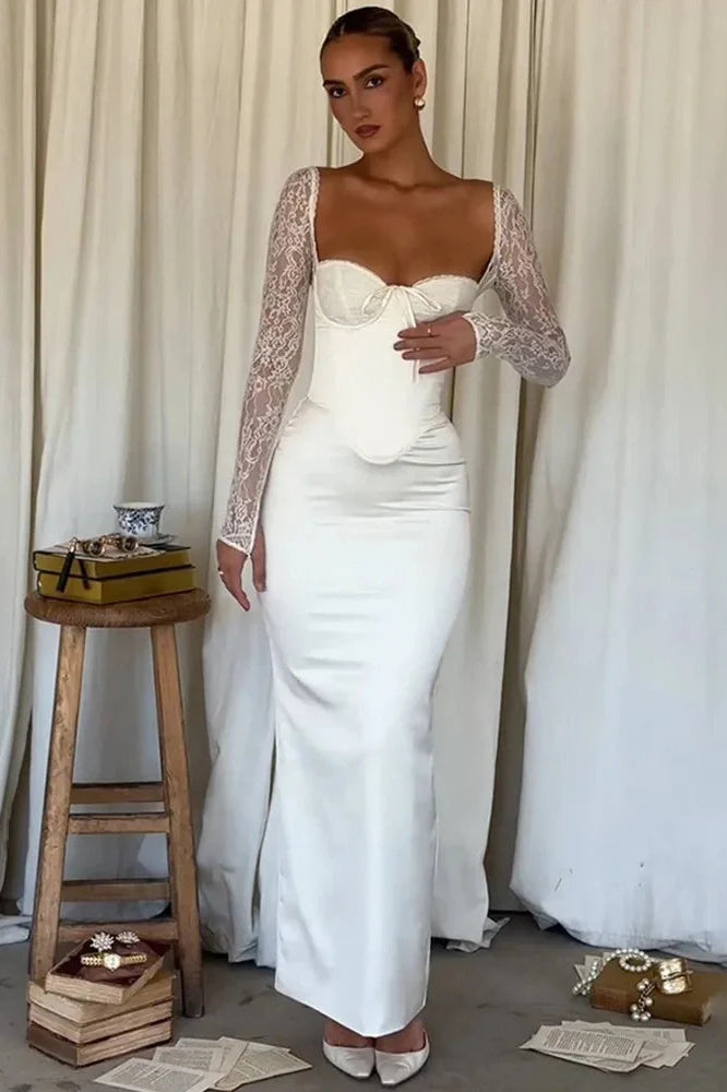 Lace Long Sleeve Square Collar Backless Maxi Dress