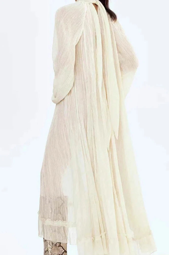 Elegant Pleated O-Neck Long Sleeve Loose Maxi Dress