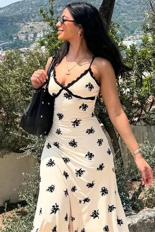 Lace Printed Backless Sleeveless V-Neck Slim Midi Dress