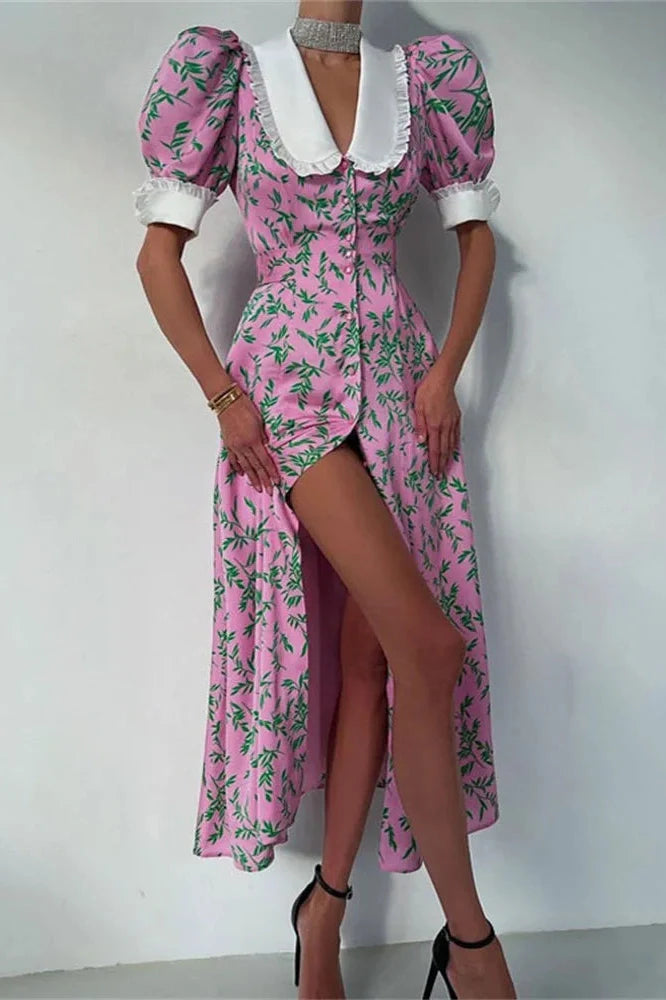 Printed Slim Short Sleeve High Waist Midi Dress