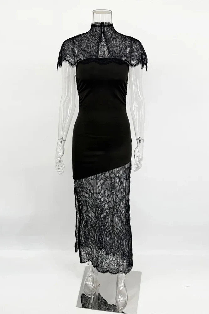 Lace Printed See-Through Turtleneck Patchwork Maxi Dress