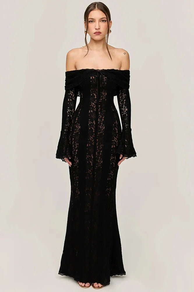 Lace Off-Shoulder Strapless Backless Long Sleeve Maxi Dress