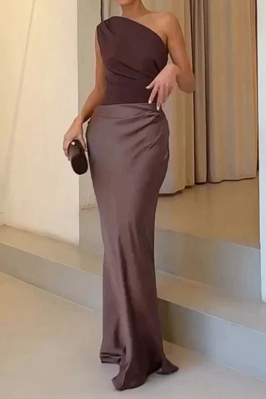 Elegant High Waisted Sleeveless Slash Collar Slim Maxi Dress