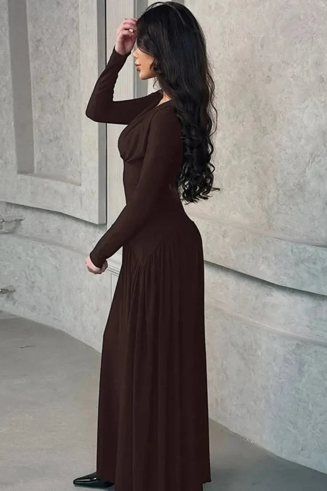 Long Sleeve V Neck High Waist Slim Pleated Maxi Dress