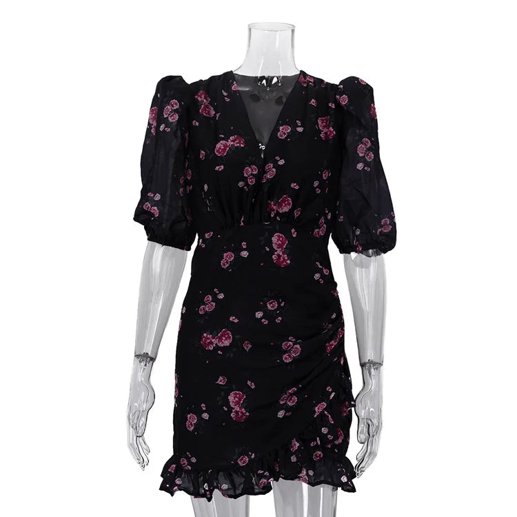 Printed Pleated Short Sleeve Slim Mini Dress