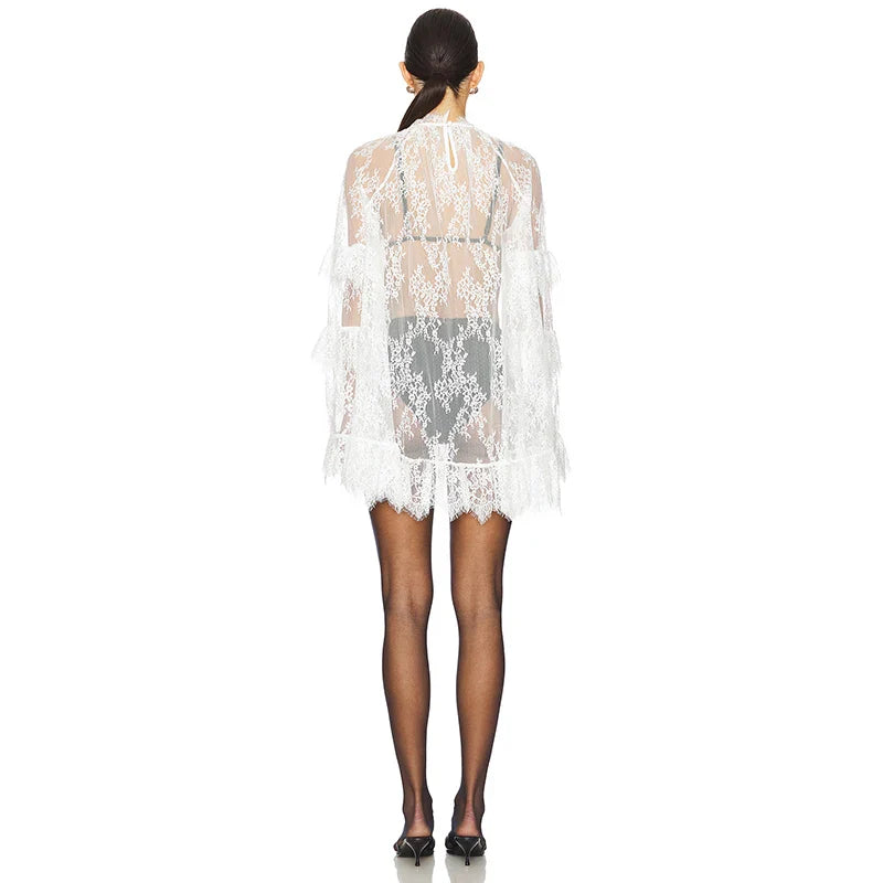 Lace See-Through Long Sleeve Loose Mini Dress