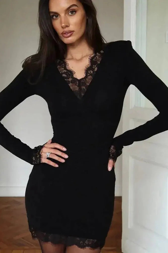 Lace V Neck Long Sleeve Patchwork Bodycon Mini Dress