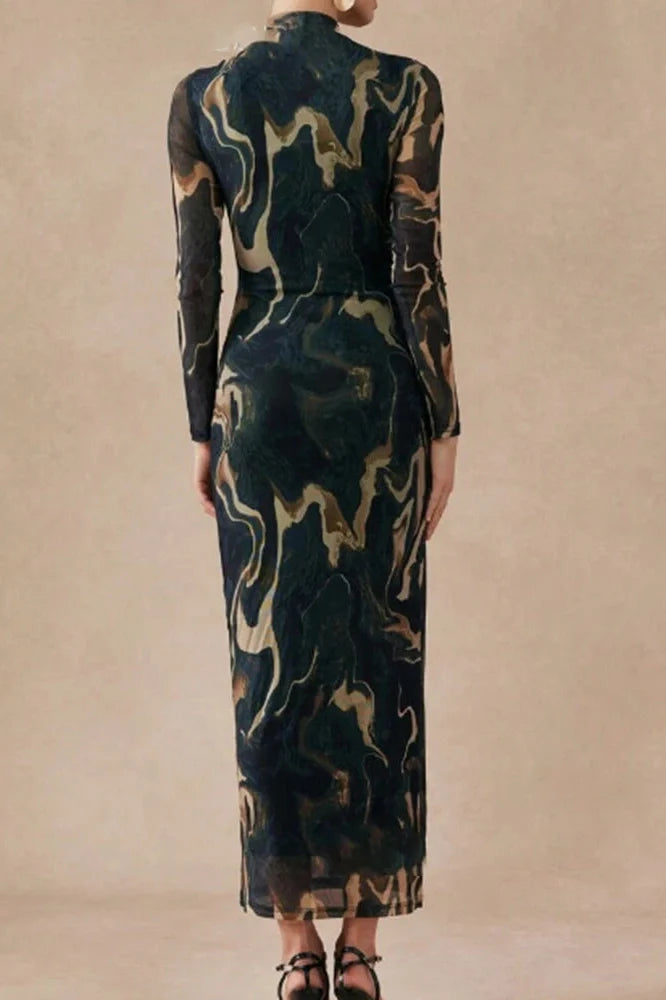 Printed Slim O-Neck Long Sleeve High Waist Maxi Dress