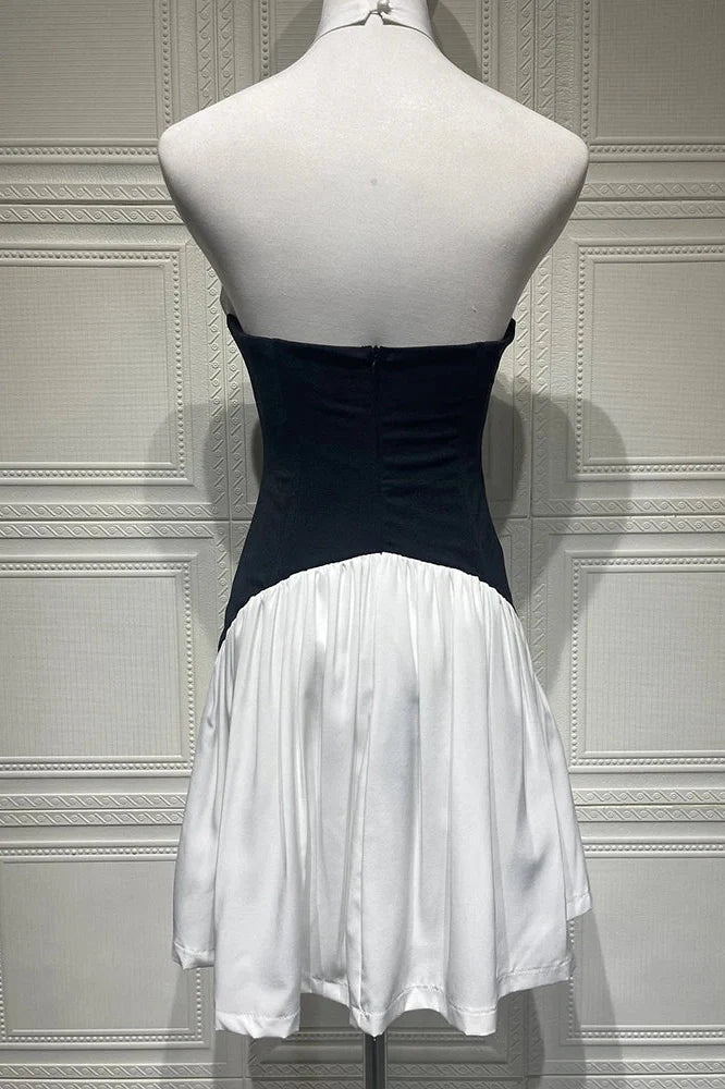 Patchwork Backless V Neck Sleeveless High Waist Pleated Mini Dress