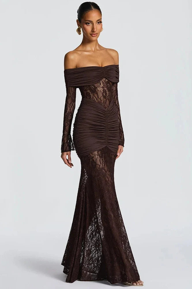 Off-Shoulder Long Sleeve Lace See Through Strapless Bodycon Maxi Dress