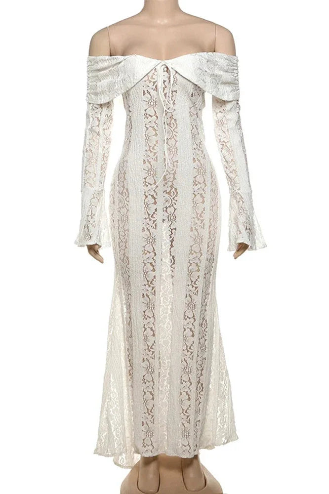 Off-Shoulder See-Through Printed Lace-Up High Waist Maxi Dress