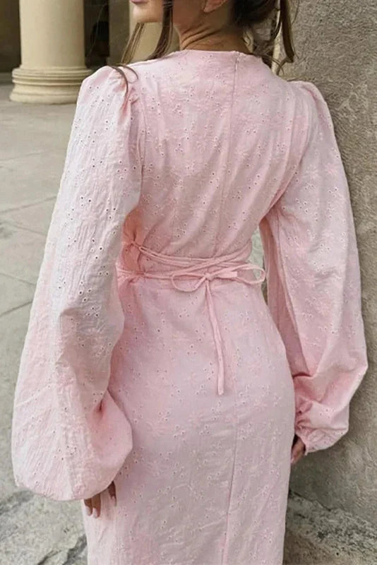Elegant Hollow Out V-Neck High Waist Lantern Sleeve Maxi Dress