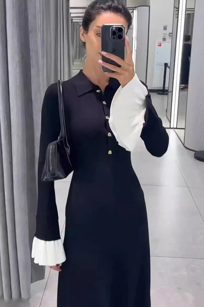 Elegant Flare Sleeve Knitted High Waist Button Maxi Dress