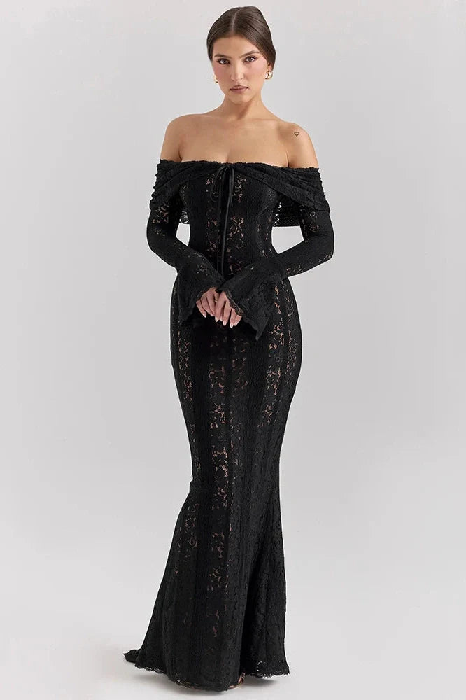 Lace Off-Shoulder Strapless Backless Long Sleeve Maxi Dress