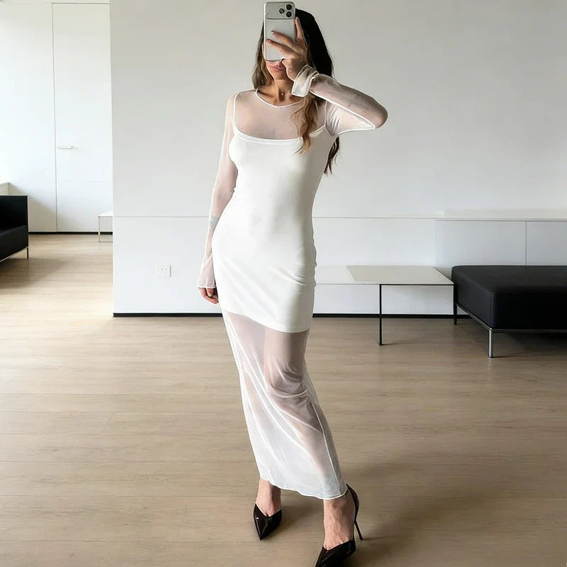 Elegant See Through Patchwork High Waist Maxi Dress