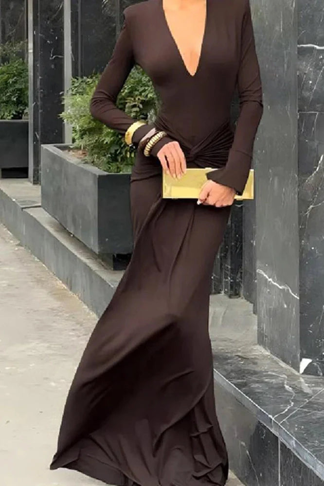 Elegant Deep V-Neck Slim Long Sleeve Pleated Maxi Dress