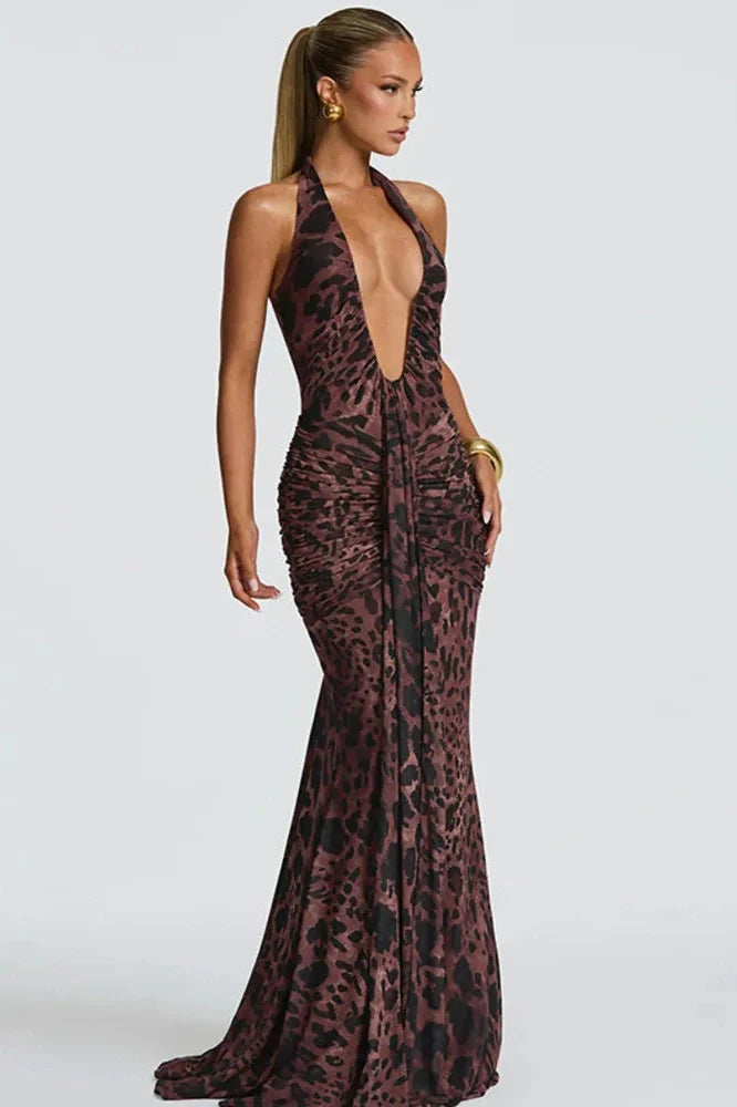 Printed Backless Deep V Neck Sleeveless Bodycon Maxi Dress