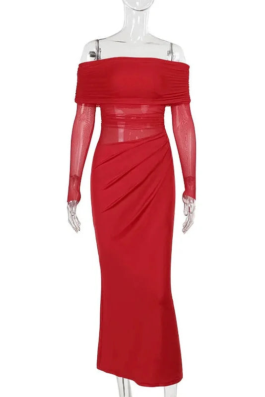 Off-shoulder Strapless Long Sleeve See Through Maxi Dress