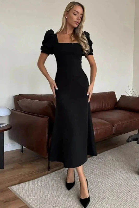 Elegant Square-Neck Short-Sleeved Slim Midi Dress