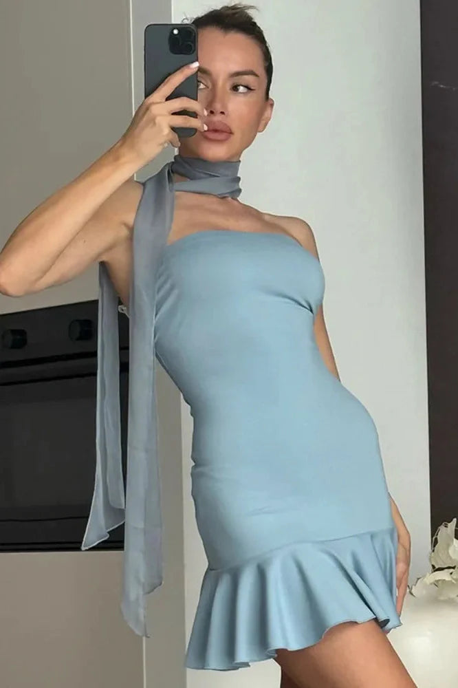 Off-Shoulder Strapless Scarf Collar Backless Sleeveless Mini Dress