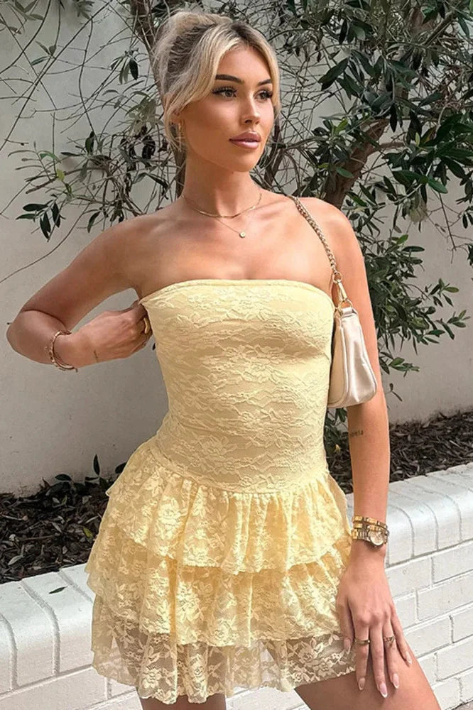 Off-Shoulder Strapless Lace Sleeveless High Waist Pleated Mini Dress