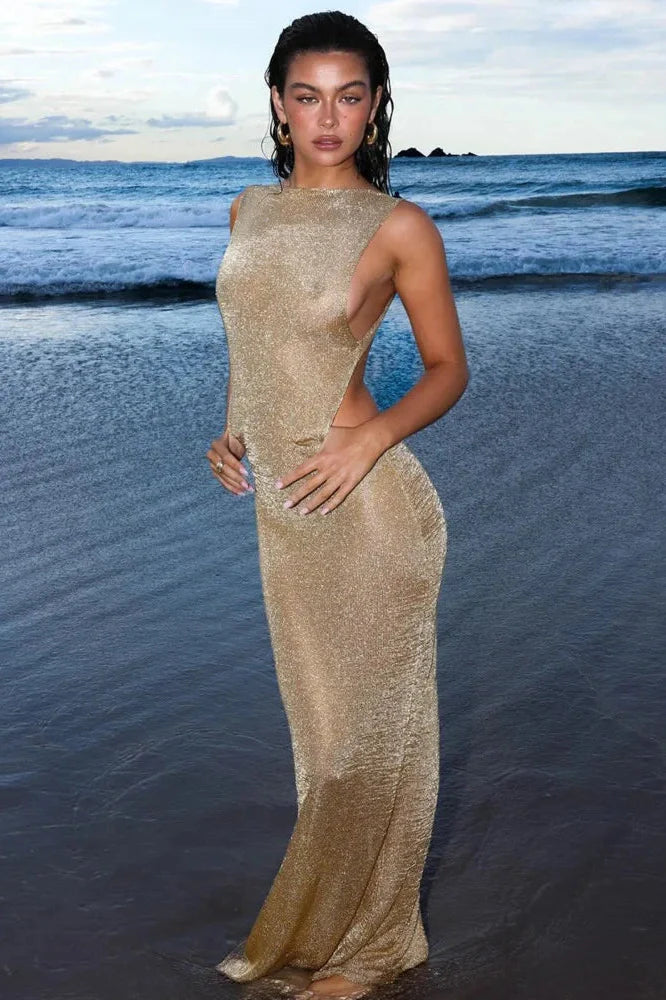 See Through Sleeveless Backless Back Split Maxi Dress